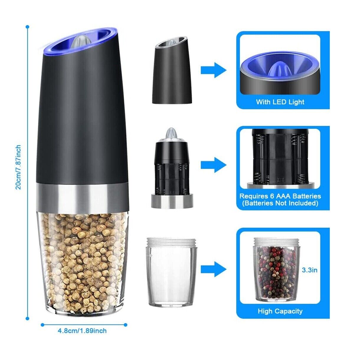 Gravity Electric Salt and Pepper Grinder Mill Shakers Adjustable Automatic