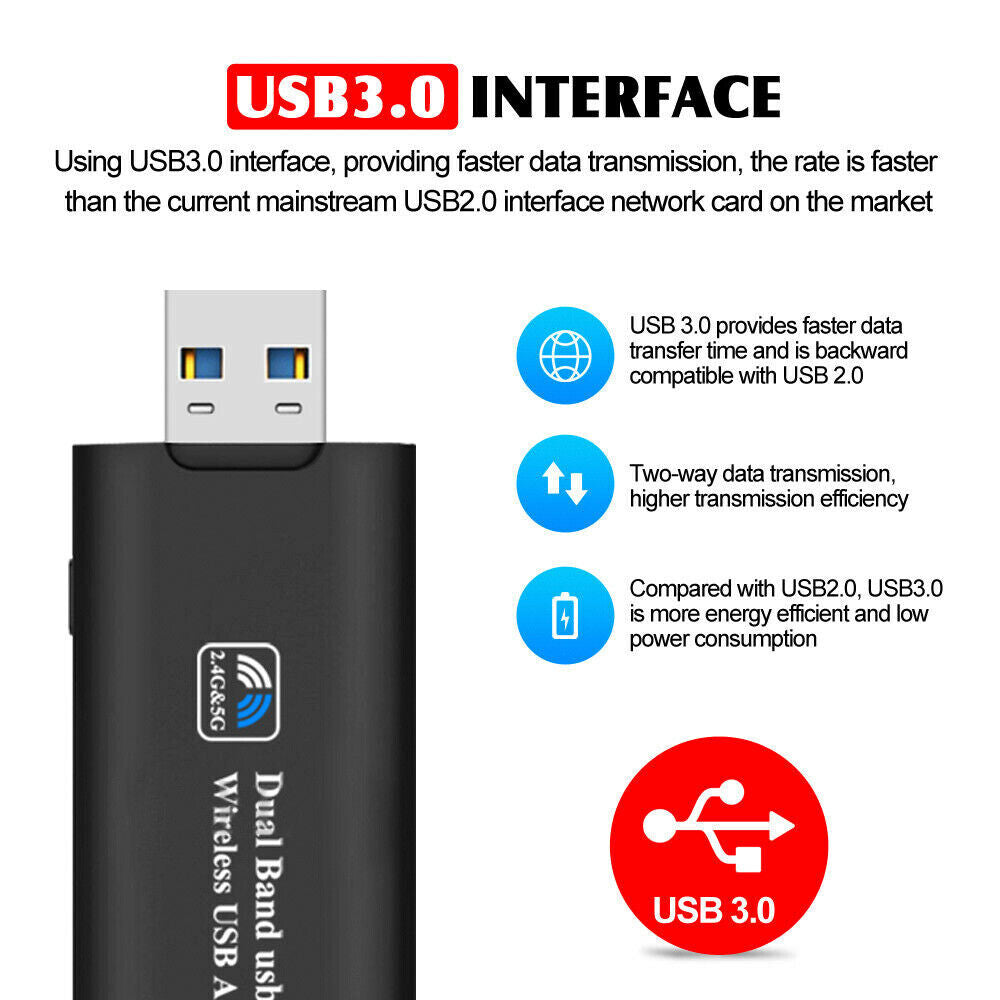 1200Mbps USB 3.0 Wireless WiFi Network Receiver Adapter 5GHz Dual Band Dongle