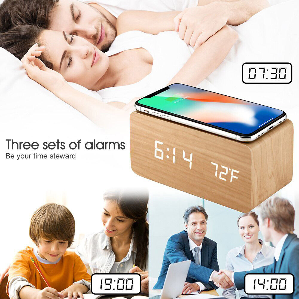 Digital Alarm Clock Wooden Table Desk Bedside LED Clock With Wireless Charger