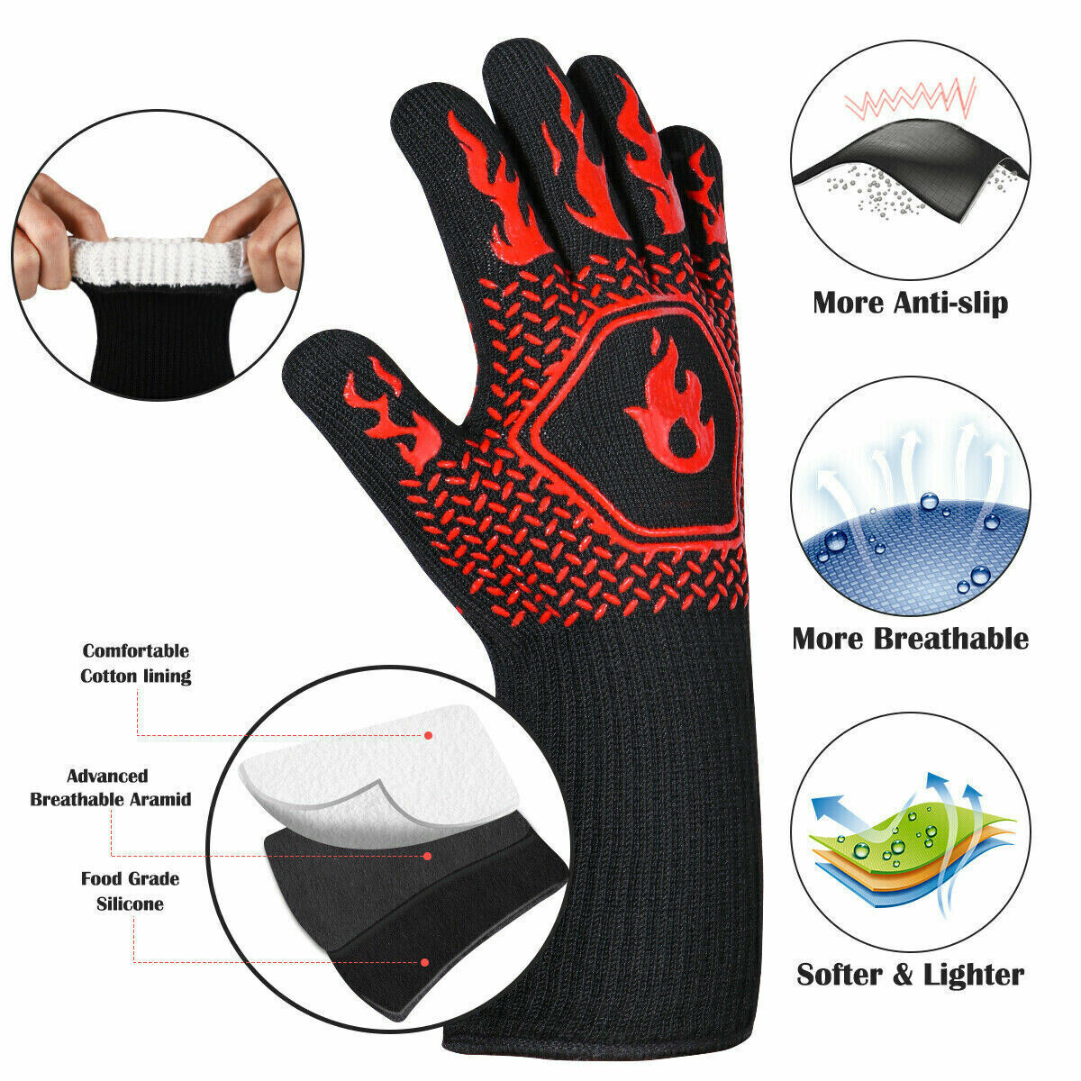 1Pair Silicone Mitt 1472°F Heat Proof Resistant Oven BBQ Gloves Kitchen Cooking