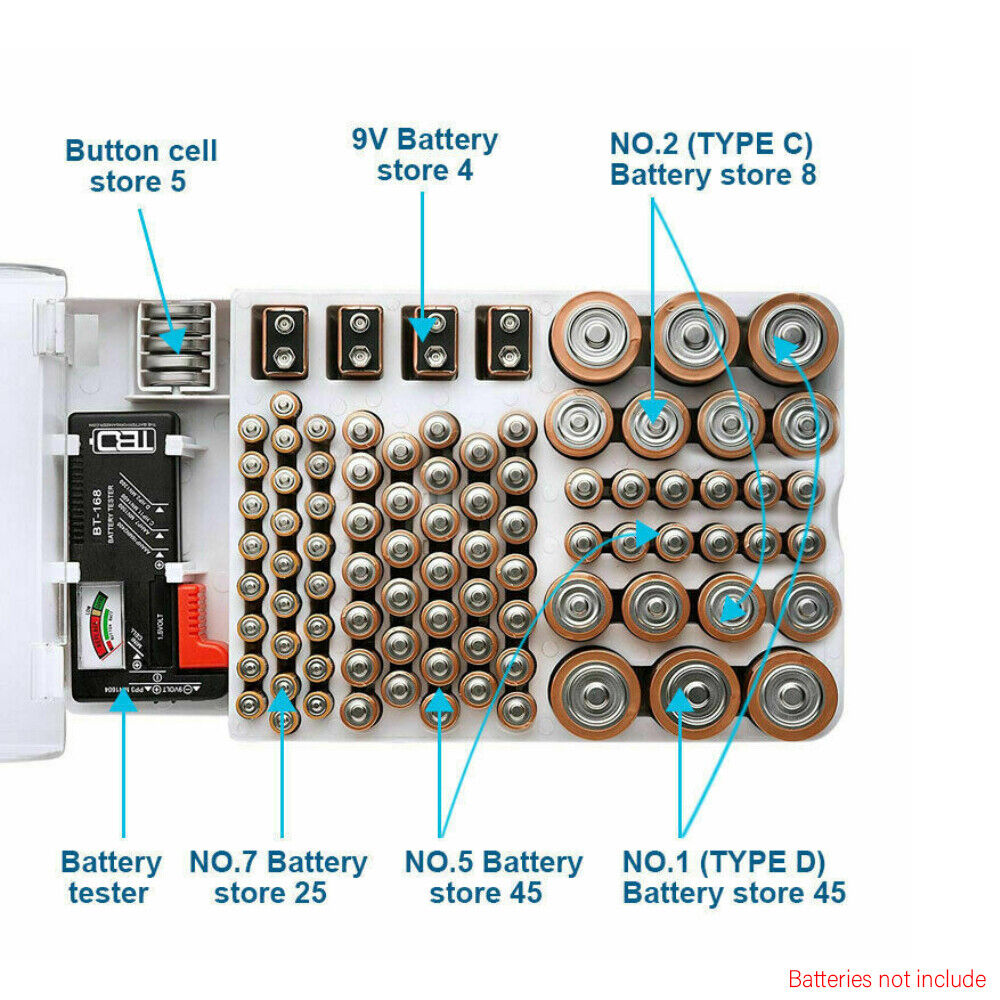 Battery Organizer Storage Holder with Tester - Battery Caddy Rack Case Box