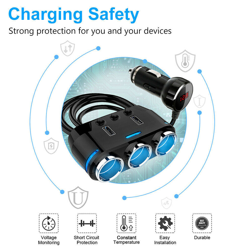 Three Way 12V Multi Socket Car Lighter Splitter Dual USB Charger Adapter
