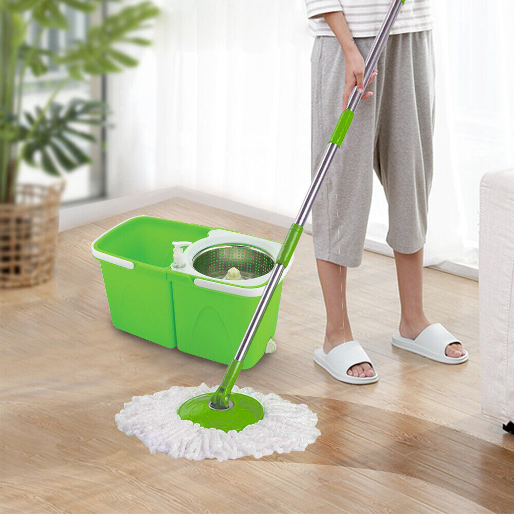 Split Bucket 360 Rotating Magic Spinning Spin Mop 2 Mop Heads Stainless Steel