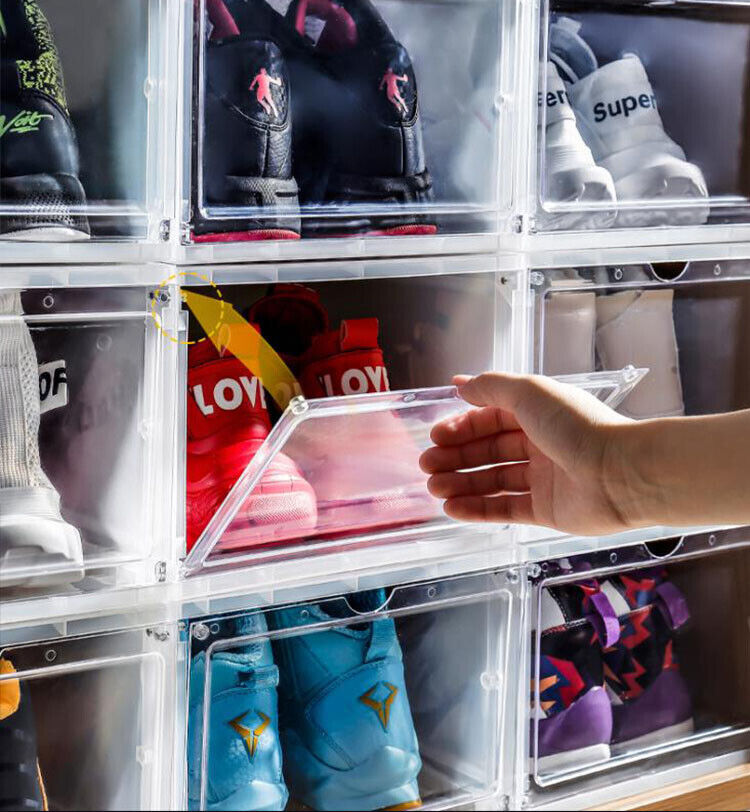10PC Magnetic Sneaker Drop Front Shoe Box Stackable Storage Clear Plastic Case