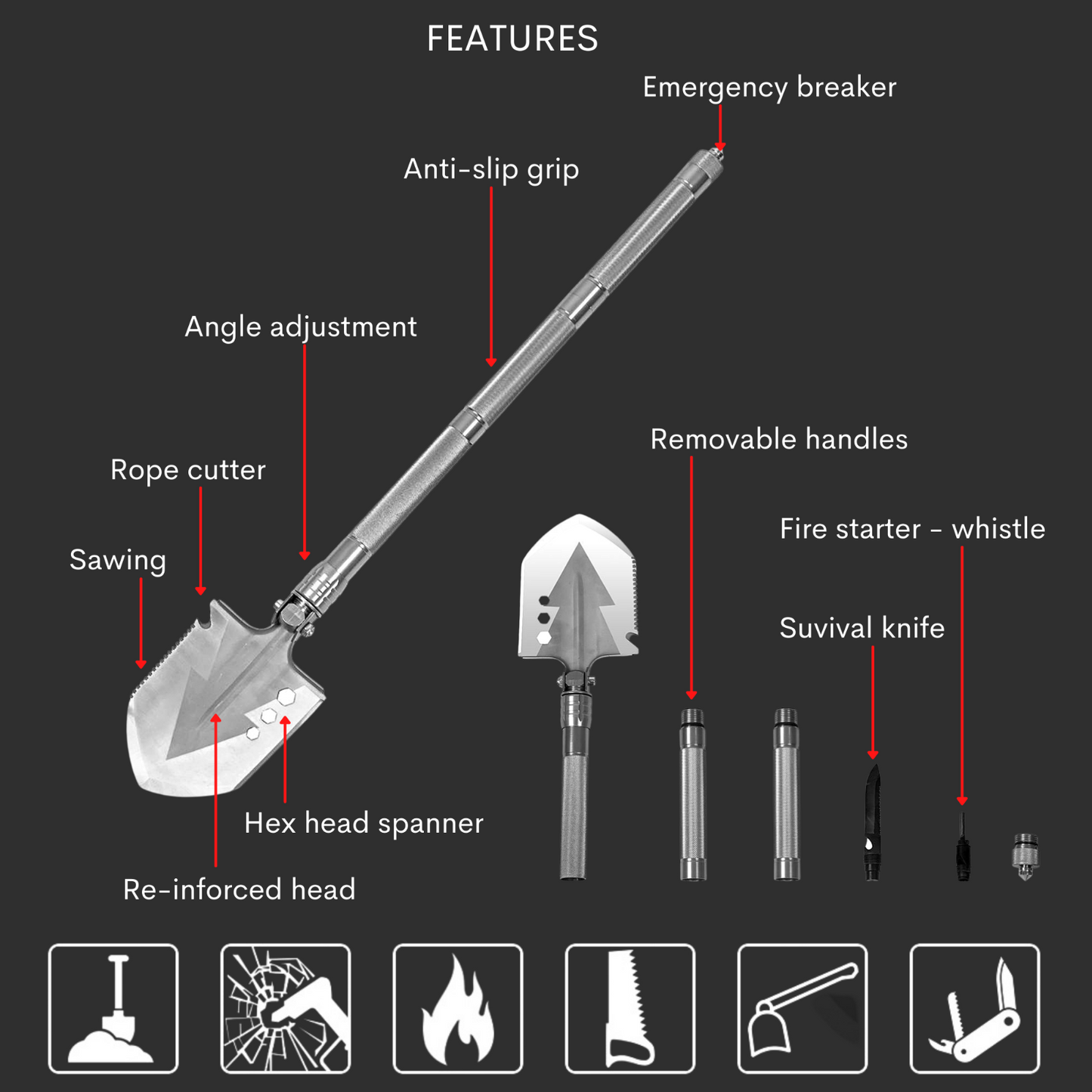 Camping Shovel Folding Outdoor Survival Tools Multifunction Hiking Military