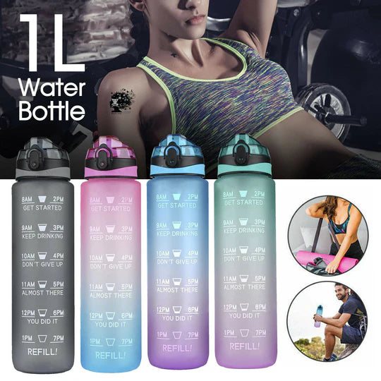 1L Water Bottle Motivational Drink Flask With Time Markings BPA Free Sport Gym