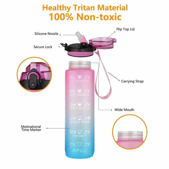 1L Water Bottle Motivational Drink Flask With Time Markings BPA Free Sport Gym