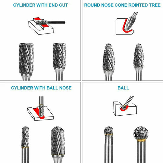 8PCS 1/4" 6MM SHANK TUNGSTEN CARBIDE ROTARY BURR BUR DIE GRINDER CARVING BITS