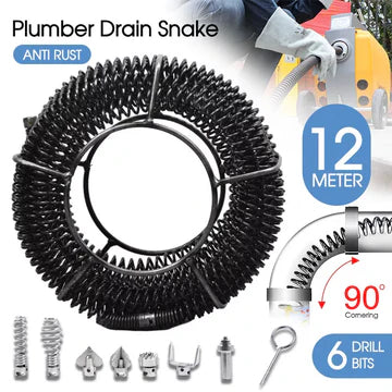 12m Drain Snake Pipe Sewer Cleaner Electric Unblocker Sink Pipeline 6 Drill Bit