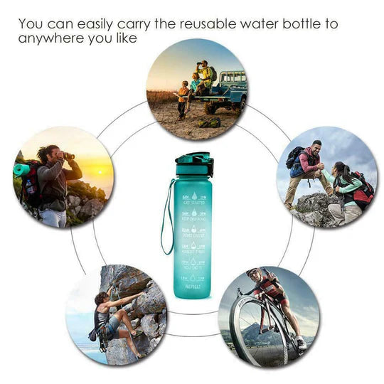 1L Water Bottle Motivational Drink Flask With Time Markings BPA Free Sport Gym