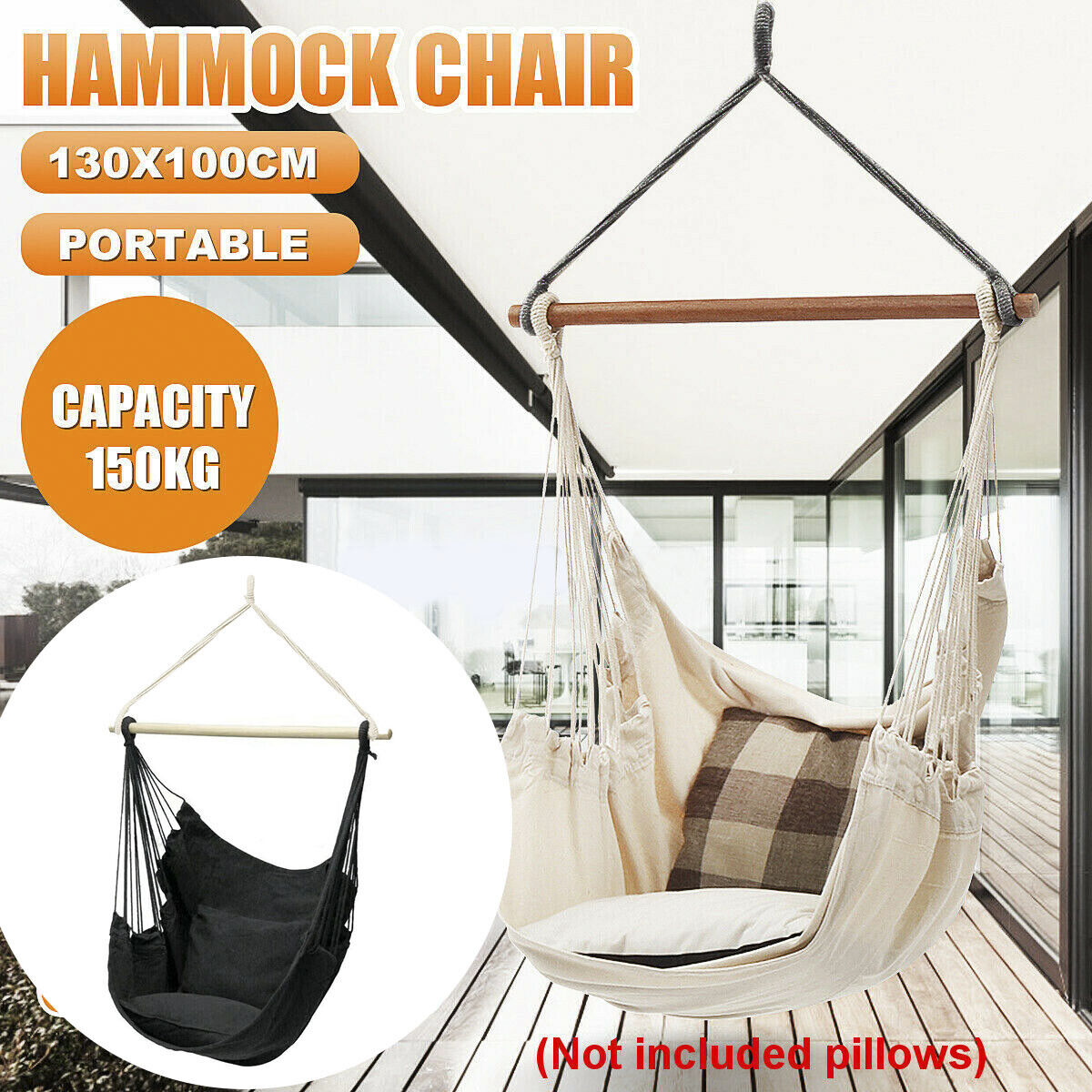 Portable Hanging Hammock Chair Swing Garden Outdoor Camping Soft Cushions