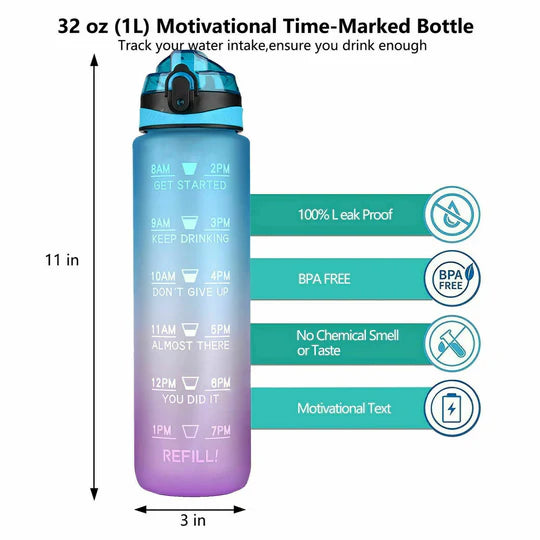 1L Water Bottle Motivational Drink Flask With Time Markings BPA Free Sport Gym