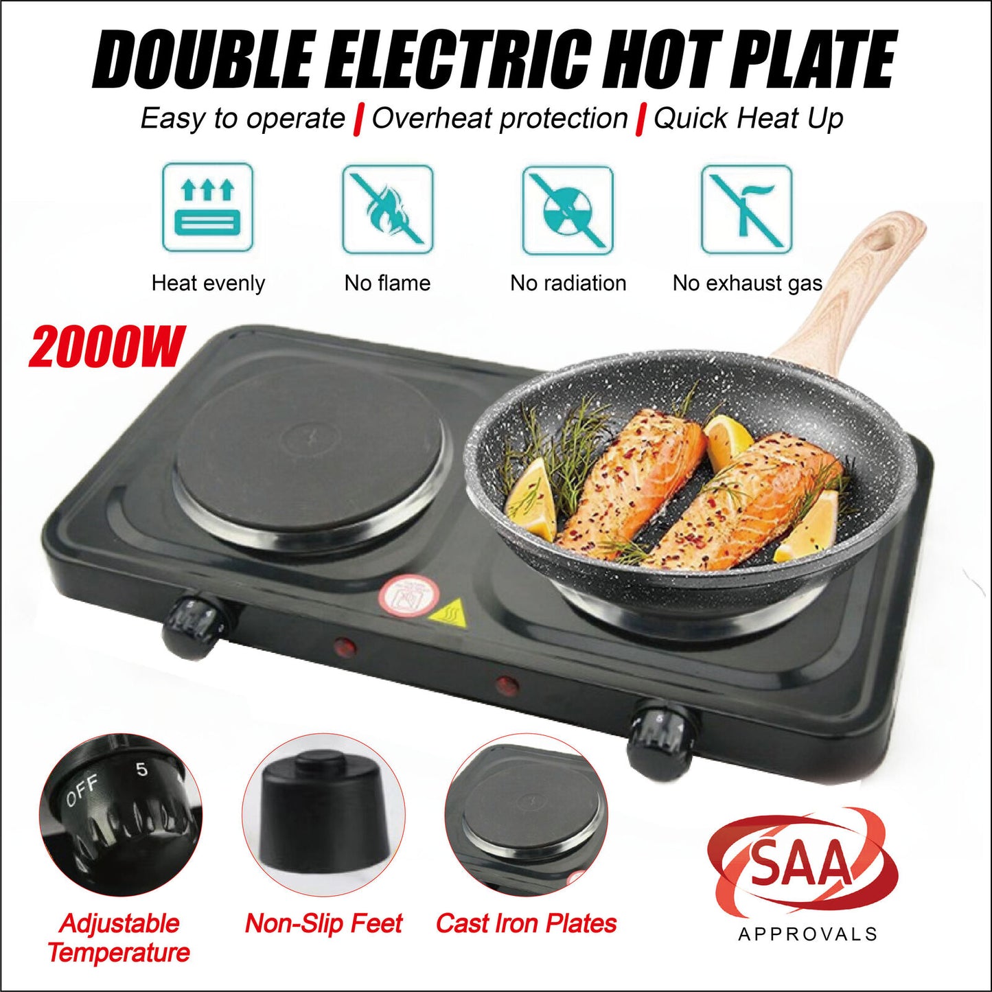 Double Hot Plate Electric Cooker Portable Table Top Hob 2000W