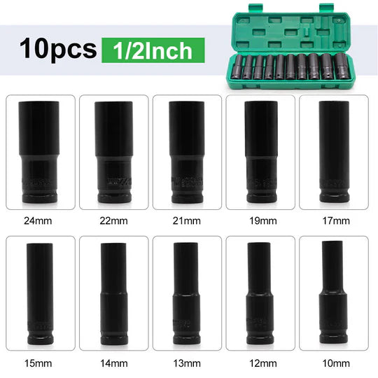 10pcs 1/2" Drive Deep Impact Socket Set CR-V Steel Metric Sockets Long 8-32MM