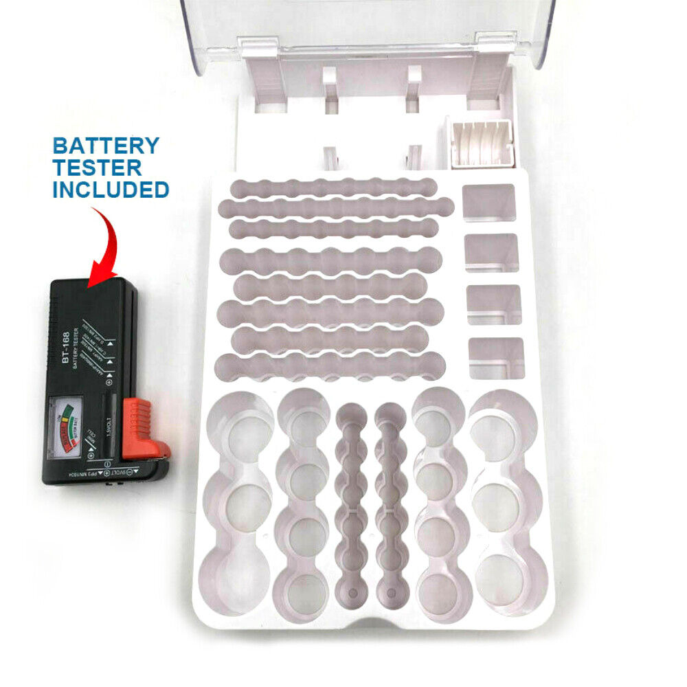 Battery Organizer Storage Holder with Tester - Battery Caddy Rack Case Box