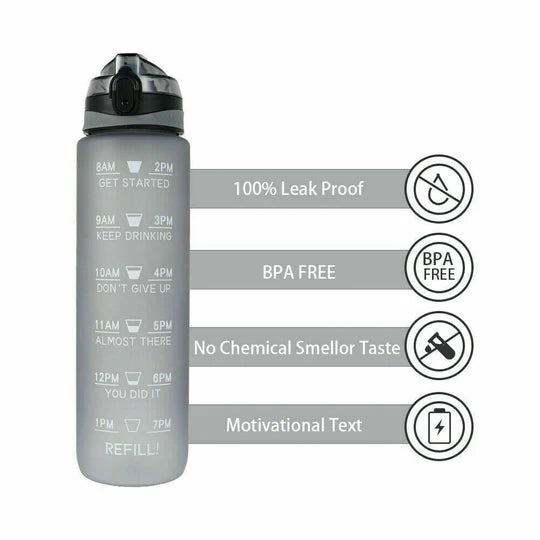 1L Water Bottle Motivational Drink Flask With Time Markings BPA Free Sport Gym