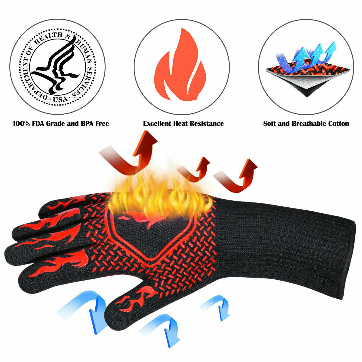 1Pair Silicone Mitt 1472°F Heat Proof Resistant Oven BBQ Gloves Kitchen Cooking