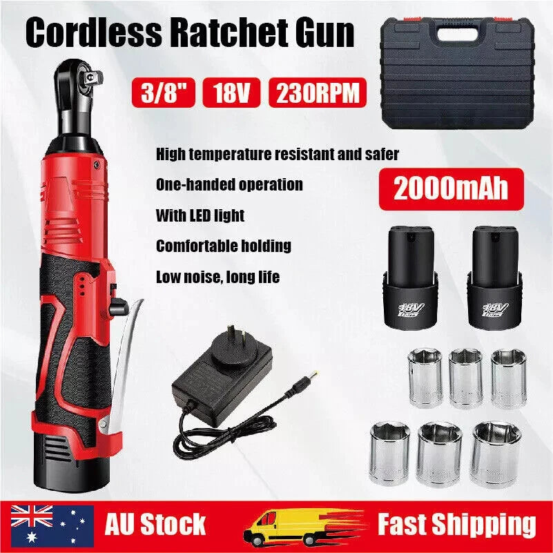 CORDLESS ELECTRIC RATCHET RIGHT ANGLE WRENCH TOOL 3/8'' 18V 90 100NM + 2 BATTERY