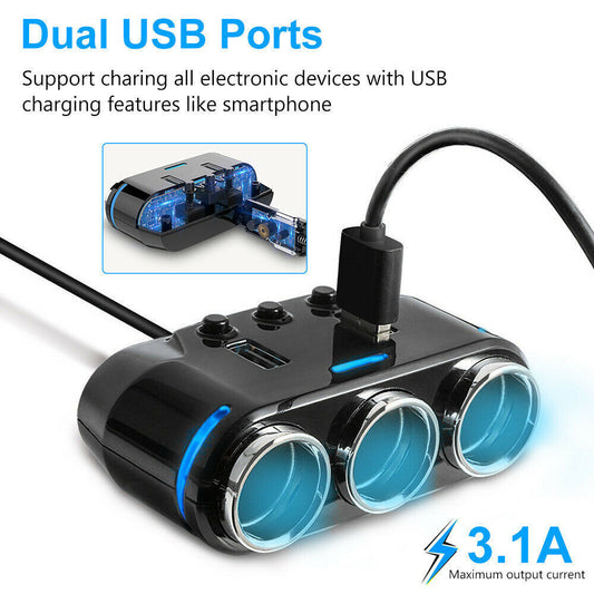 Three Way 12V Multi Socket Car Lighter Splitter Dual USB Charger Adapter