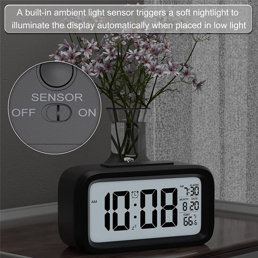 Digital Bedside Table LED Snooze Alarm Clock Time Temperature Day/Night Date