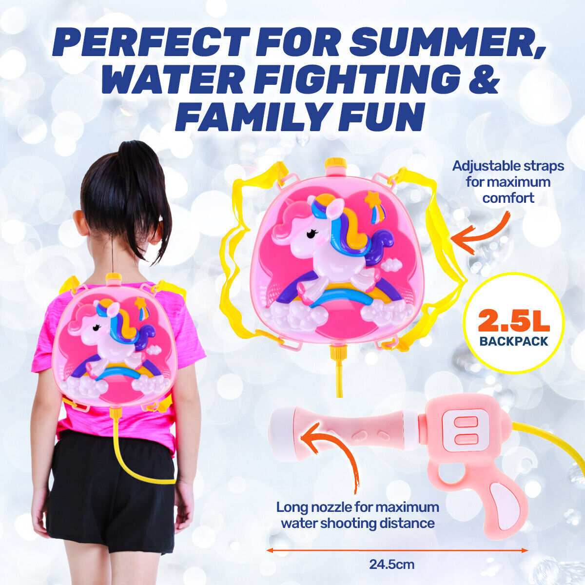 1PC Summer Splash® 2.5L Water Gun & Unicorn Backpack With Adjustable Straps