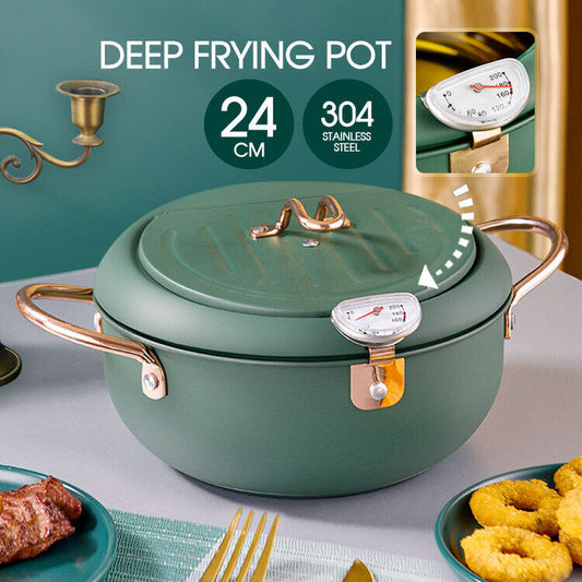Japanese Deep Frying Pot with Thermometer Non-stick Tempura Fryer Pan 24m Green