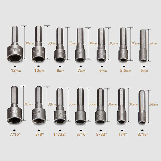 14x Power Nut Driver Drill Bit Set SAE Metric Socket Wrench Screw 1/4''Hex Shank