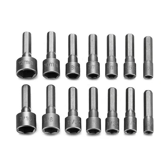 14x Power Nut Driver Drill Bit Set SAE Metric Socket Wrench Screw 1/4''Hex Shank