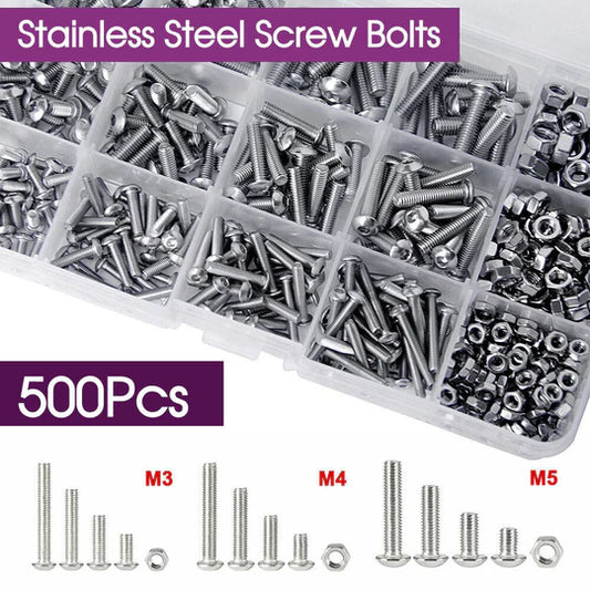 500PC M3 M4 M5 304 STAINLESS STEEL HEX SOCKET BUTTON HEAD BOLTS SCREWS NUTS KIT