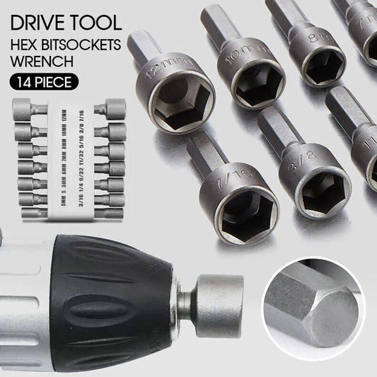 14x Power Nut Driver Drill Bit Set SAE Metric Socket Wrench Screw 1/4''Hex Shank