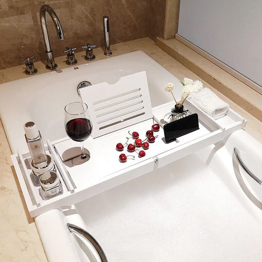 Expandable Bathtub Caddy Tray Bamboo Bath Table Over Tub with Wine & Book Holder