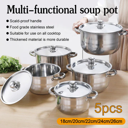 5pcs Stainless Steel Stock Pot with Lid Cooking Kitchen Cookware Stockpot Set