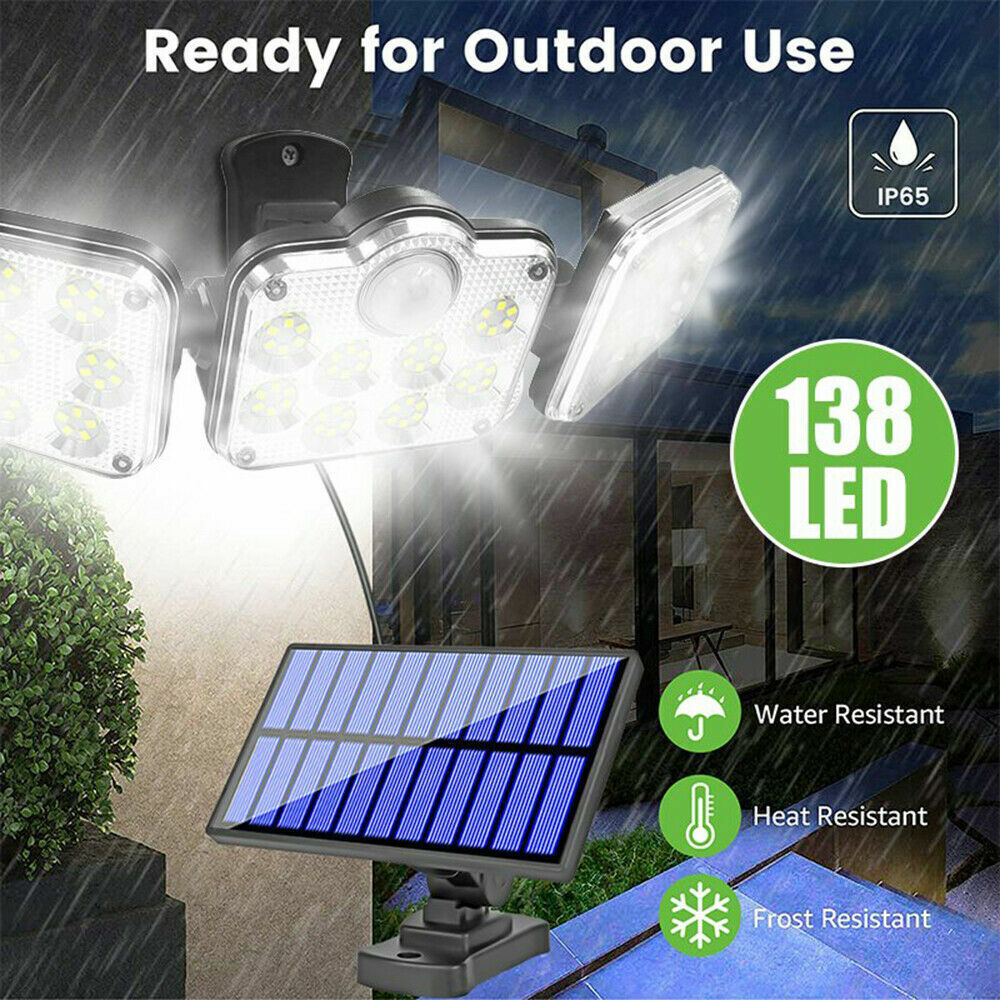 3 Head Solar Motion Sensor Light Outdoor Garden Wall Security Flood Lamp 138 LED