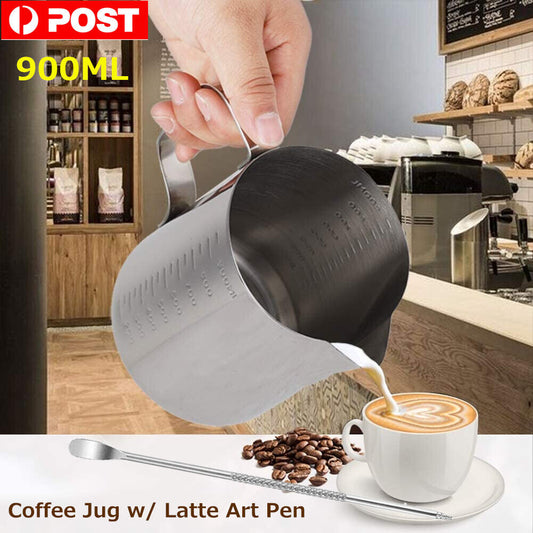 900ml MILK JUG LATTE ART PEN Espresso Coffee Cappuccino Stainless Steel Pitcher