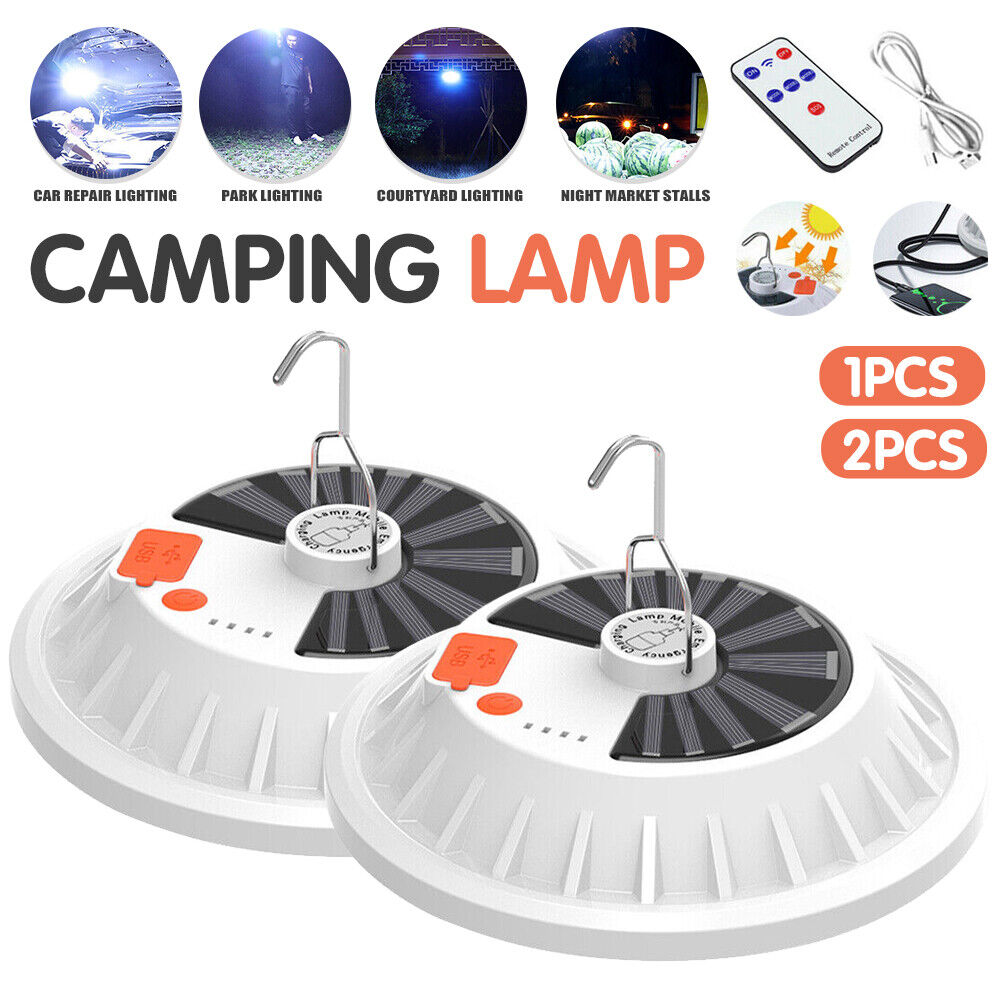 2x Rechargeable 120 LED Camping Tent Light USB Solar Lantern Outdoor Lamp