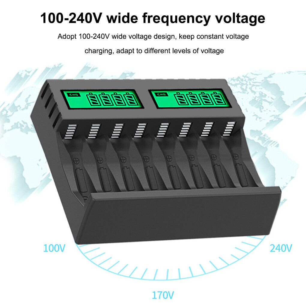 8 Slot Smart Battery Charger for AA/AAA Rechargeable Batteries LCD Display