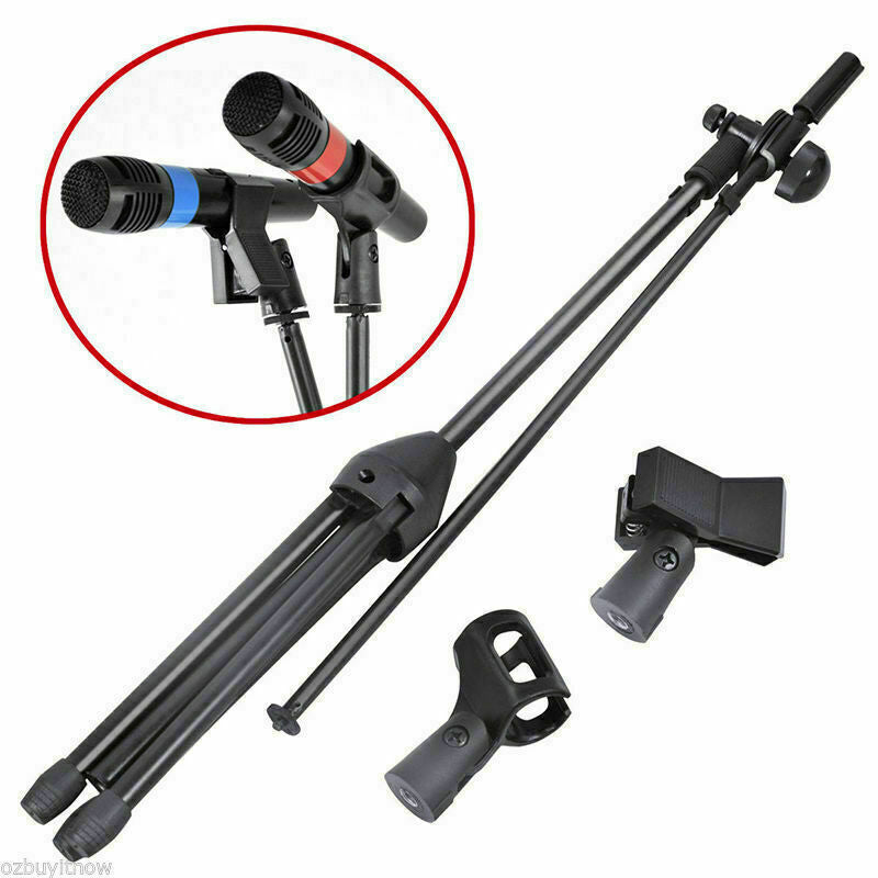 Adjustable Microphone Stand Foldable Mic Holder Tripod Two Clip Boom