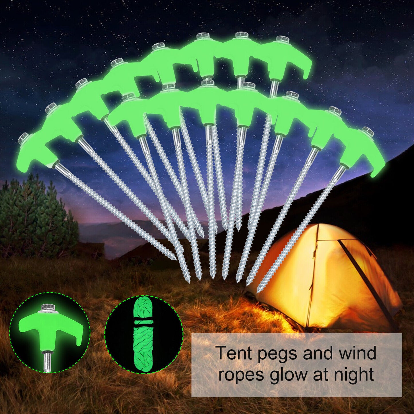 Heavy Duty Steel Drill Screw in Camping Tent Pegs Glow in The Dark Head + Ropes