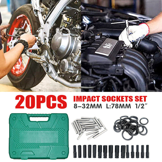20PCS 8-32MM 1/2" Drive Deep Impact Socket Set CR-V Steel Metric Sockets Long