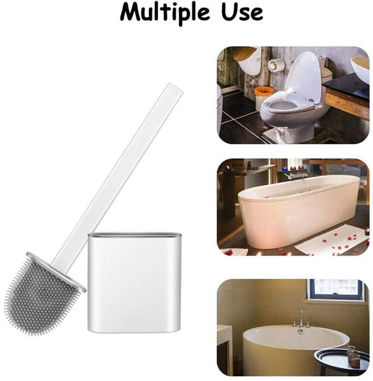 Set Silicone Toilet Brush Wall Mounted Flexible Soft Bristle w/ Holder Bathroom