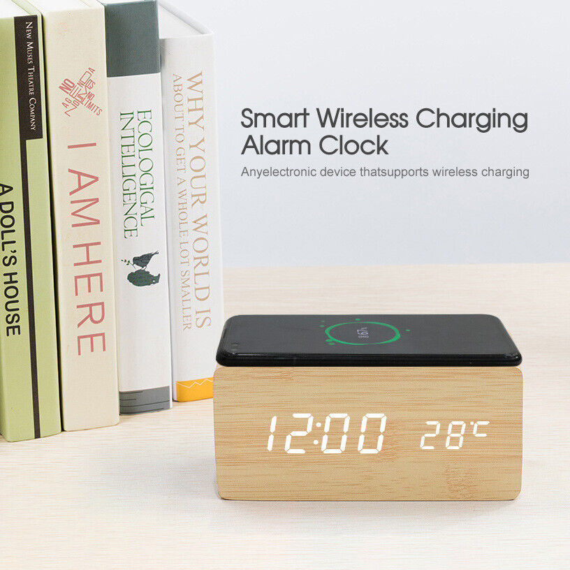 Digital Alarm Clock Wooden Table Desk Bedside LED Clock With Wireless Charger