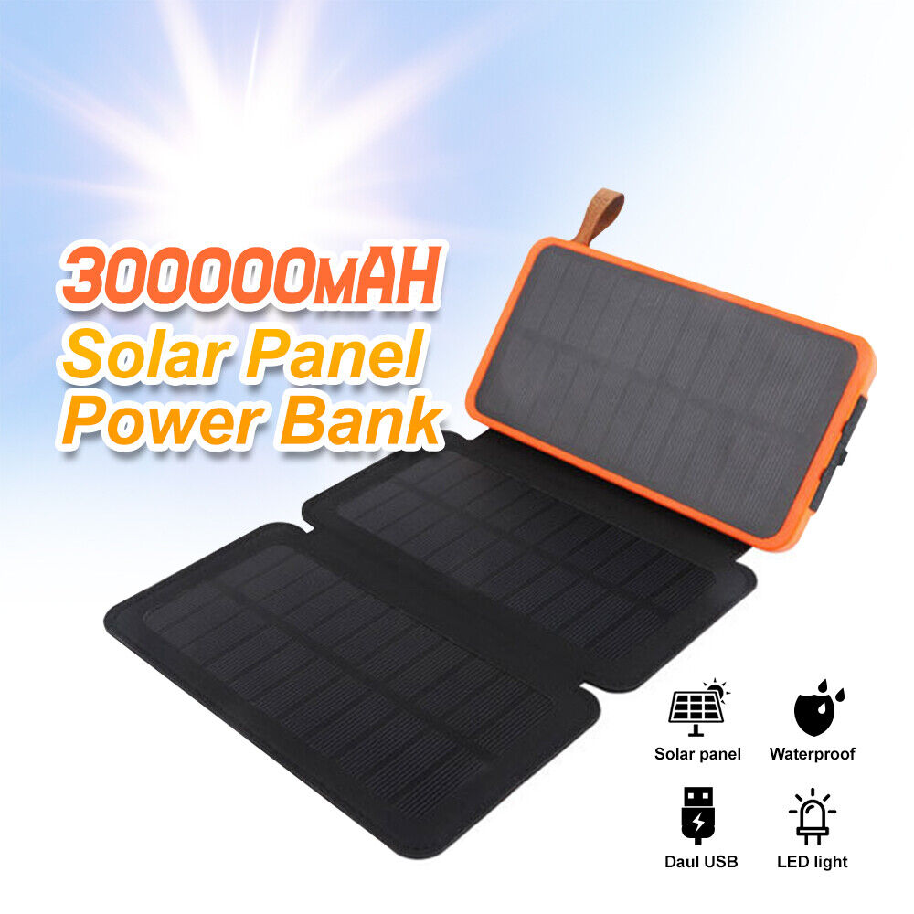 300000mAh Waterproof Portable Solar Charger Dual USB External Battery Power Bank