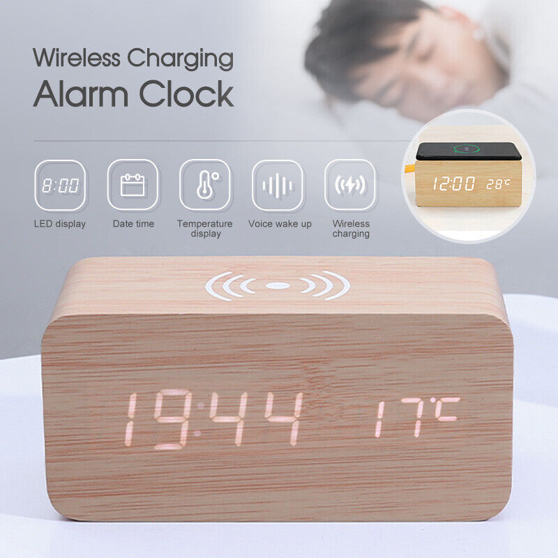 Digital Alarm Clock Wooden Table Desk Bedside LED Clock With Wireless Charger