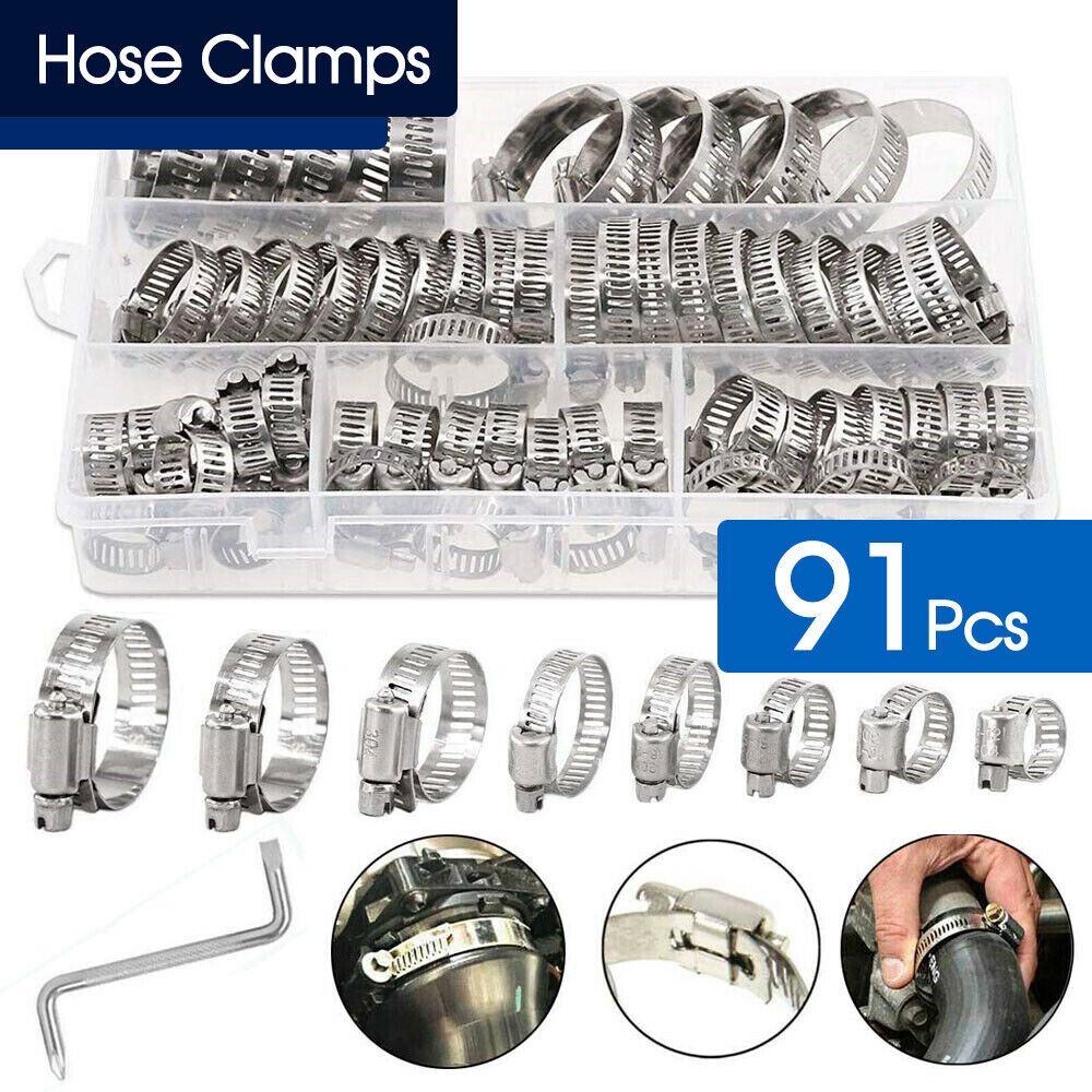 91X Stainless Steel Hose Clamps Clips Adjustable Range Worm Gear Pipe Clamp Kit