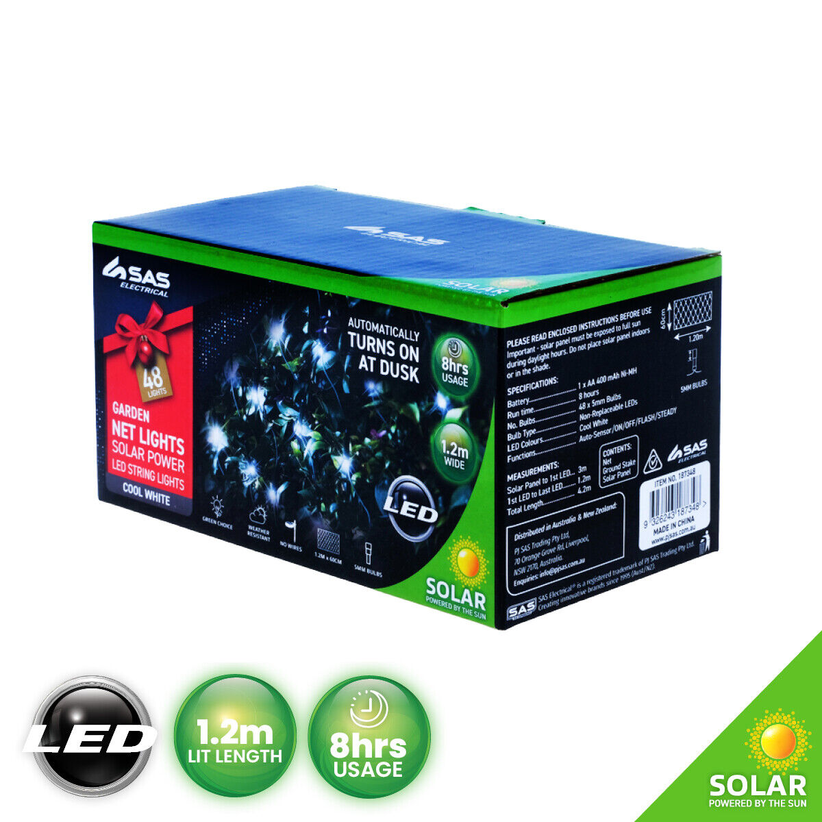 SAS Electrical 1.2m Net Lights 48 LED Bulbs Solar Cool White Auto Sensor