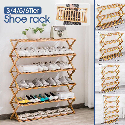 3-6 Tier Folding Shoe Rack Bamboo Wooden Shelf Stand Storage Organizer Cabinet