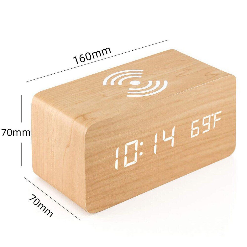 Digital Alarm Clock Wooden Table Desk Bedside LED Clock With Wireless Charger