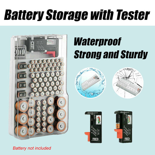 Battery Organizer Storage Holder with Tester - Battery Caddy Rack Case Box