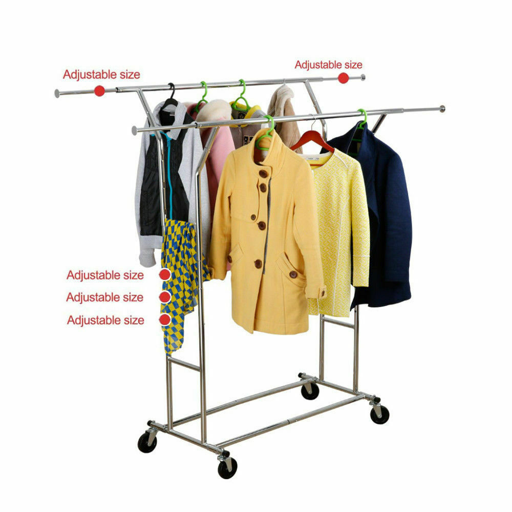 Collapsible Adjustable Single Rail Rolling Garment Cloth Coat Rack Hanger Dryer