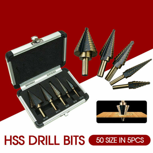 5PCS HSS Step Steel Cone Drill Titanium Bits Set Kit Hole Cutter+Aluminum Case